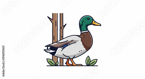Stylized cartoon mallard duck standing by brown tree trunks and green leaves on a white background