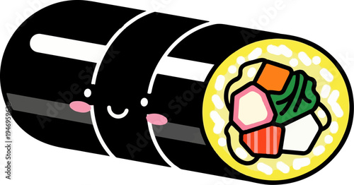 Cute cartoon sushi roll (kimbap-style) with a happy face, filled with colorful ingredients