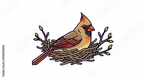 Cartoon illustration of a brown bird with reddish accents and a crest, sitting in a twig nest with leaves