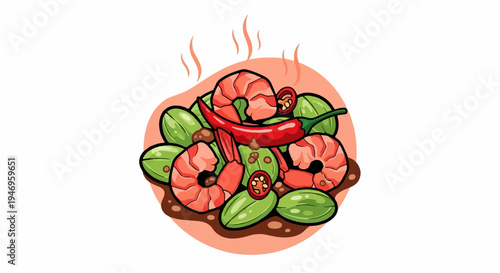Colorful illustration of a steaming hot, spicy dish featuring succulent shrimp, green pods, and red chilies