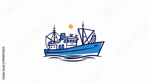 Simple illustration of a blue and white fishing boat with nets, sailing on water under a small orange sun