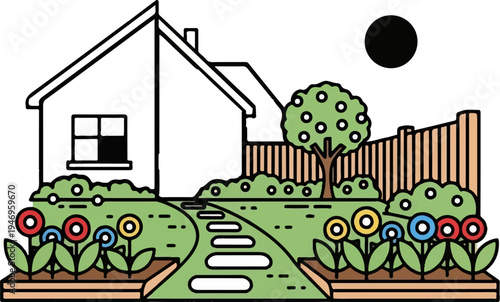 An idyllic vector illustration of a charming house with a lush garden, path, colorful flowers, tree, and fence