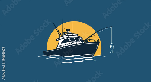 An illustration of a fishing boat on the ocean with a fish on a hook, set against a large yellow sun
