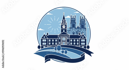 Blue monochrome illustration of academic buildings and a grand church framed by hills, trees, and sky with a banner