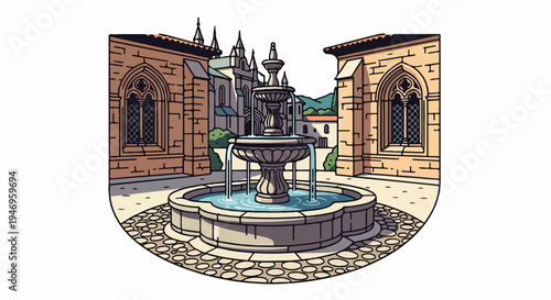 Cartoon illustration of an old stone fountain in a courtyard surrounded by historic buildings and mountains