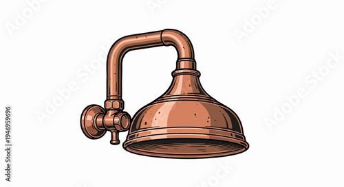An intricate illustration of a vintage copper showerhead or brewing equipment part, with pipes and a bell shape