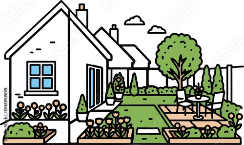 An outdoor illustration of a charming house with a lush backyard featuring a patio, garden beds, and a tree