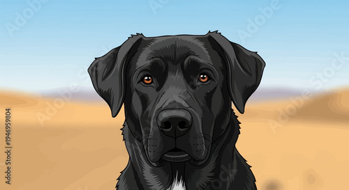 Close-up vector illustration of a black dog with amber eyes looking directly forward, desert background