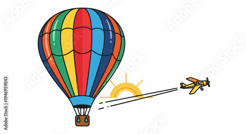 Vibrant hot air balloon and a small yellow biplane flying past a stylized setting sun illustration
