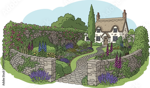 An idyllic cottage with a thatched roof nestled in a vibrant, meticulously maintained garden with stone walls