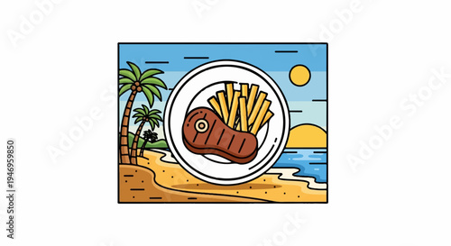 An illustration of a steak and fries on a plate, set against a tropical beach sunset scene