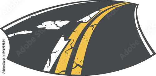 Abstract illustration of a worn asphalt road with cracked white and distressed double yellow lines