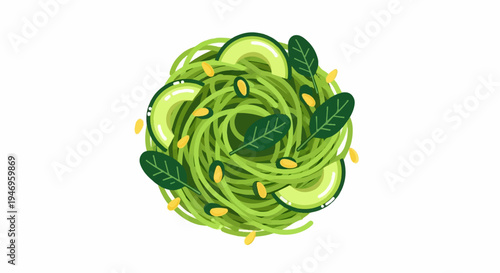 Vibrant illustration of green pasta with avocado slices, spinach leaves, and yellow seeds on a white background