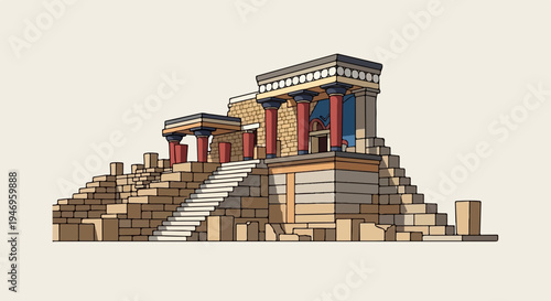 Stylized illustration of an ancient multi-level palace ruin with stairs and red columns against a light background