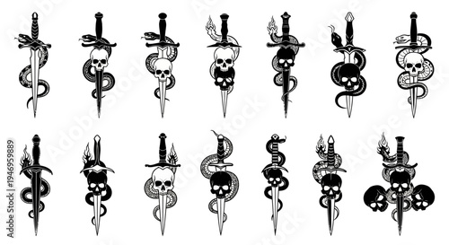 Gothic Tattoo Designs: Skulls, Snakes, and Daggers - Vector Set