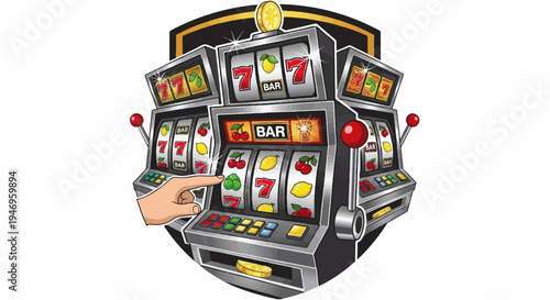 Illustration of multiple slot machines with fruit and lucky 7 symbols, a hand touching a screen, within a shield