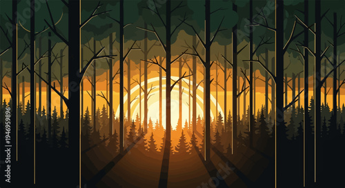 Pixel art forest silhouette at sunset with glowing sun rays through tall trees and dense undergrowth