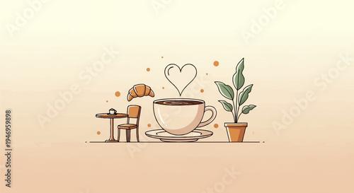 Minimalist illustration of a coffee cup with a heart, croissant, small table, chair, and potted plant