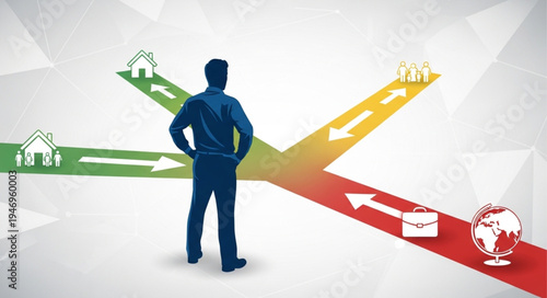Man standing at crossroads decision.