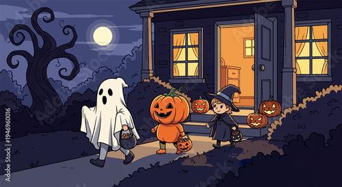 Children in Halloween costumes trick-or-treating at night outside a house with jack-o'-lanterns