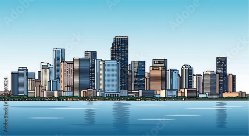 Colorful vector illustration of a modern city skyline with skyscrapers reflected in calm water