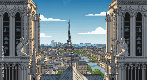 Iconic city skyline with a tall tower, framed by grand architectural statues, river winding through buildings