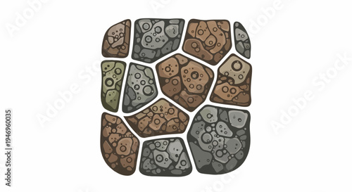 A cartoon-style pattern of irregular, textured stones in shades of brown, gray, and green with white grout