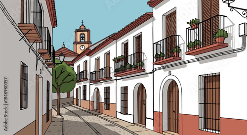 Charming cartoon illustration of a narrow European street with whitewashed houses, balconies, and a church tower