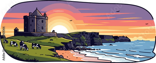 Pixel art castle on a green cliff overlooking a sandy beach and ocean at a vibrant sunset with cows grazing