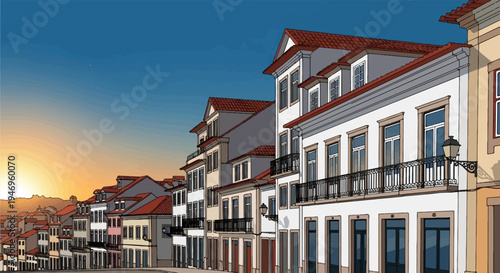 A cartoon-style illustration of a charming European street lined with traditional houses at sunset