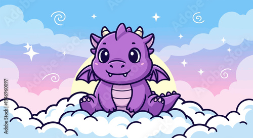 A cute purple dragon character sits smiling on fluffy clouds under a gradient sky with stars