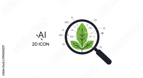 AI generated leaf icon under magnifying glass.