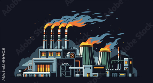 An industrial complex with multiple smokestacks and cooling towers emitting smoke and flame at night