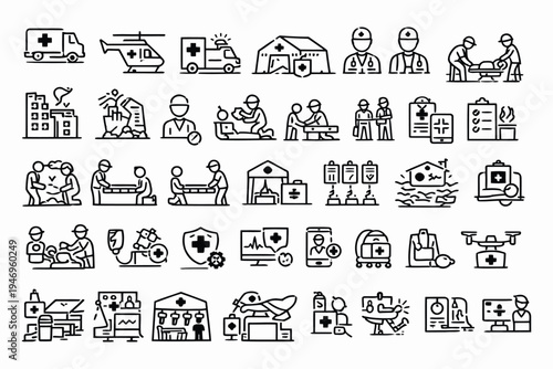 Comprehensive icons depicting various aspects of healthcare and emergency services