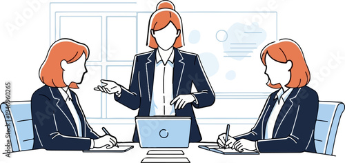 Three businesswomen in suits meeting, one presenting while others take notes at a table with a laptop