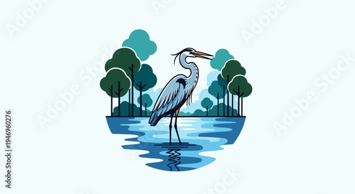 Stylized grey heron stands gracefully in blue wetland water, encircled by green and teal trees