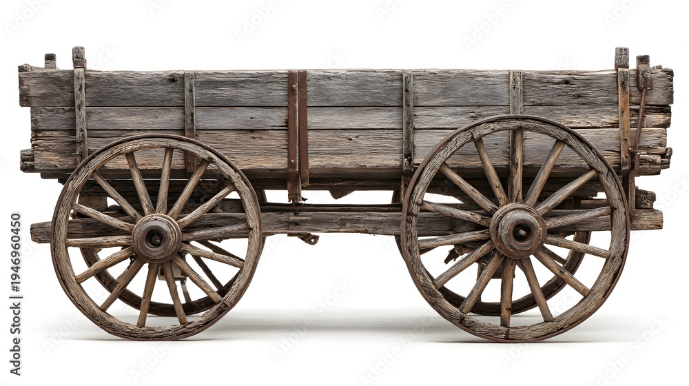 Fototapeta premium Antique Wooden Wagon with Large Spoked Wheels on White Background.