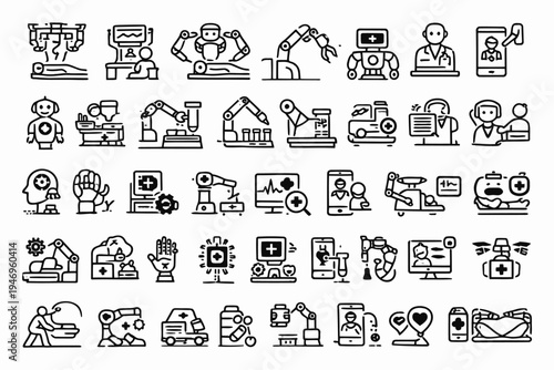 Diverse icons depicting various aspects of modern industry, technology, and healthcare