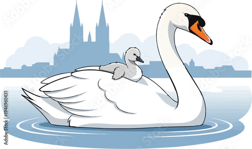 Illustration of a mother swan with a cygnet on its back, swimming on a lake with a city skyline