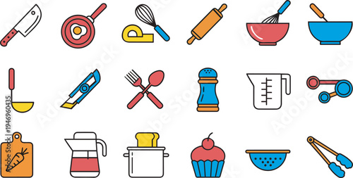 colorful kitchen utensil icons on white background