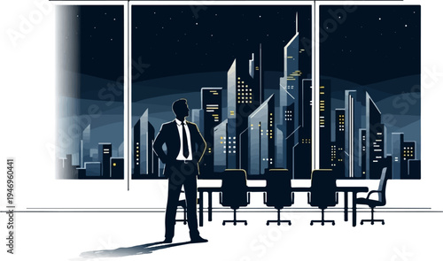 Businessman in silhouette overlooks a futuristic night city skyline from an office with a conference table