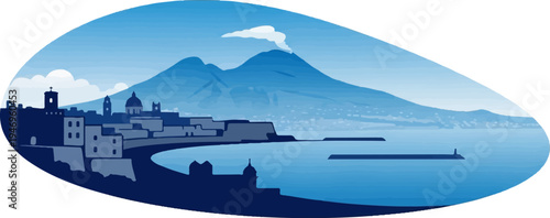Stylized illustration of a coastal city with a bay, mountains, and a smoking volcano in blue hues