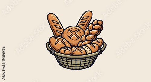 An illustration of a rustic basket brimming with an assortment of golden-brown, freshly baked bread