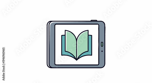 An illustration of a gray tablet displaying an open light green book icon on a white background