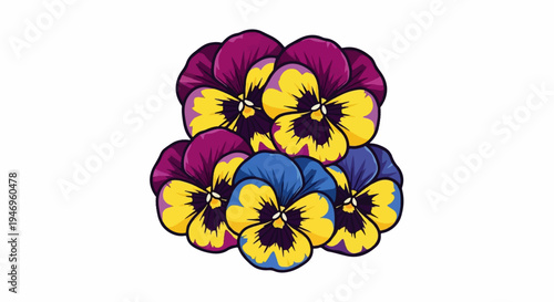 A vibrant cluster of pansy flowers with purple, yellow, and blue petals on a white background, illustrated