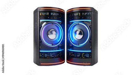 Futuristic stylized audio speakers glowing with bright neon and circuit details on a black background