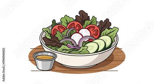 Fresh garden salad with lettuce, tomatoes, cucumbers, radishes, red onion, and dressing on wooden table