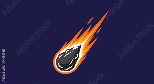 A bold, stylized cartoon meteor with fiery orange and yellow flames streaks across a dark blue background