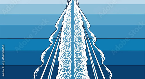 Abstract blue striped background with a white ornate, flowing, central element resembling water or a decorative path
