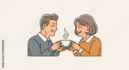 Illustration of a happy elderly couple sharing a steaming cup of coffee or tea, smiling at each other